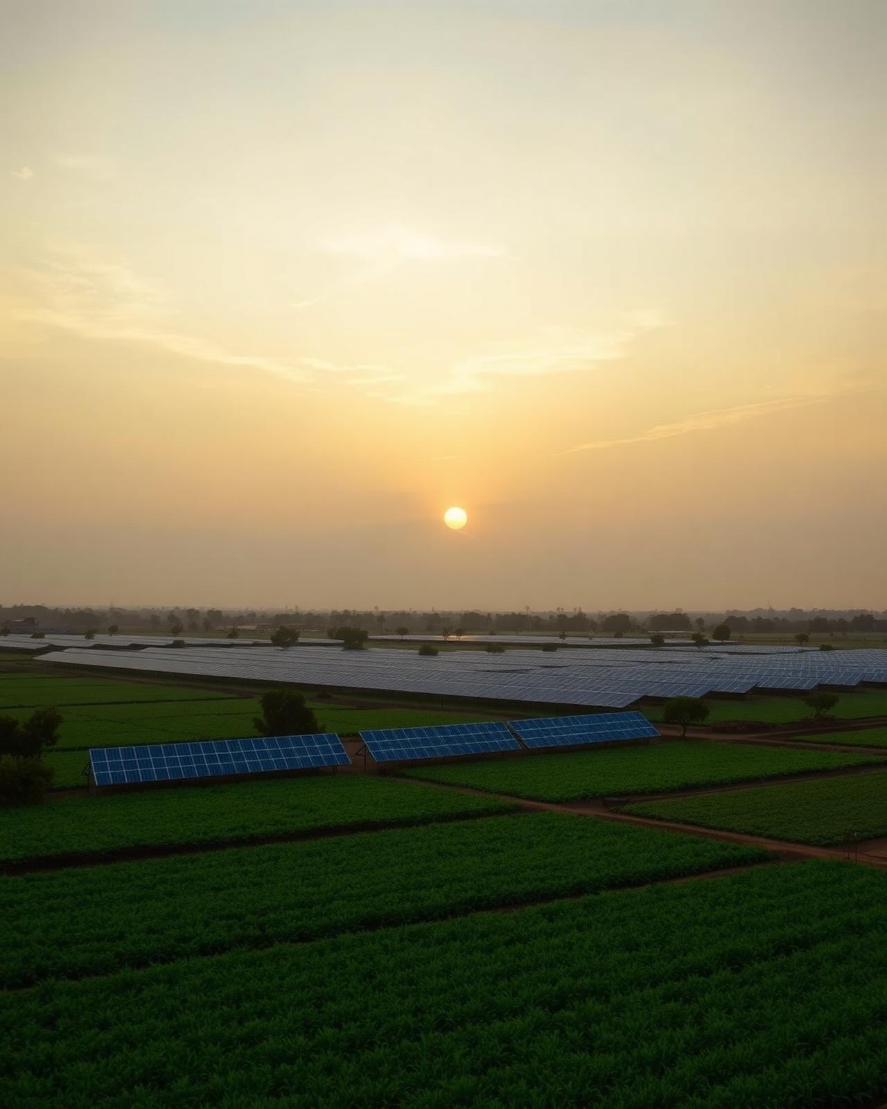 Sustainable solar irrigation farm in rural Zambia at golden hour